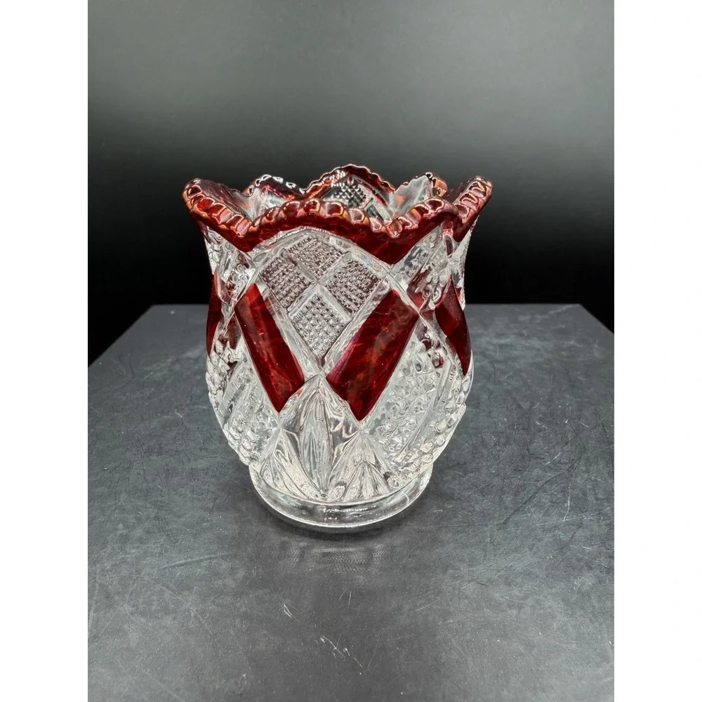 ❤️Bohemian Ruby Cut‑to‑Clear Toothpick Holder – Scalloped Rim – Diamond & Oval